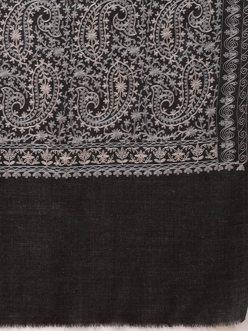 Women's Greyish Black Silky Aari Embroidery Wool Shawl